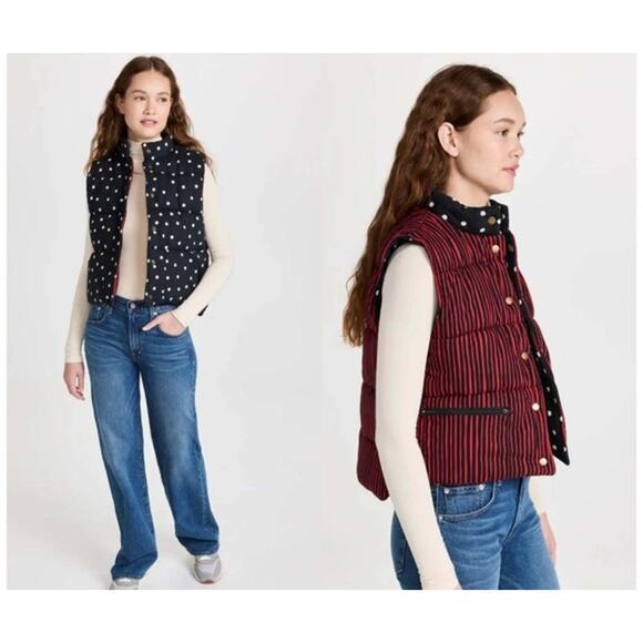 Clare V Jackets & Blazers - Clare V Emilie Black Polka Dot Puffer Vest Reversible Red Stripe, XS/S